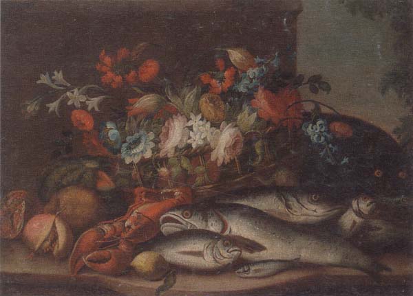 Still life of a basket of flowers,fruit,lobster,fish and a cat,all upon a stone ledge
